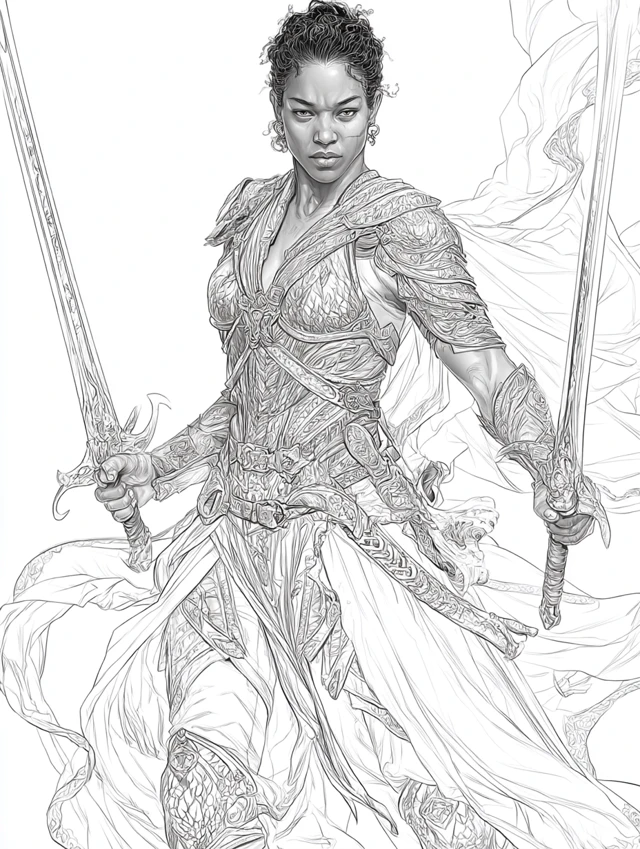 Black Female Warrior with Dual Swords Line Art