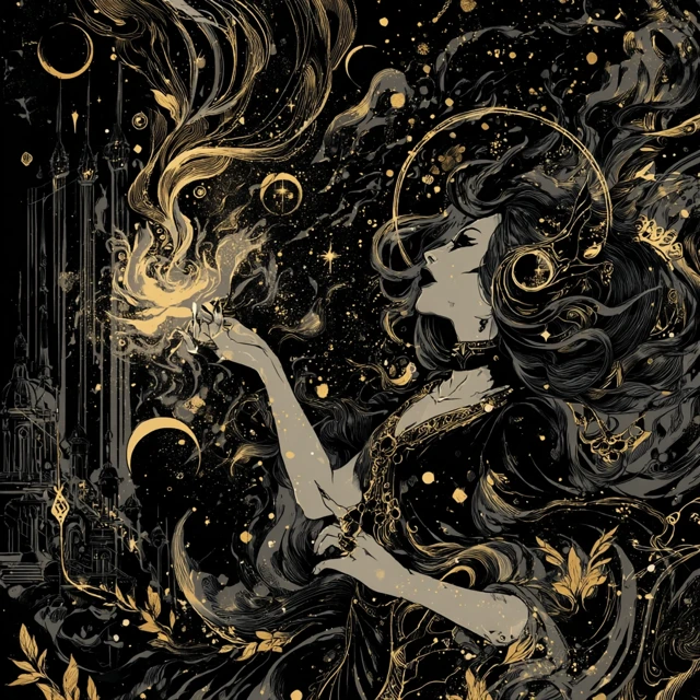 Goddess Casting Spell Black and Gold Illustration