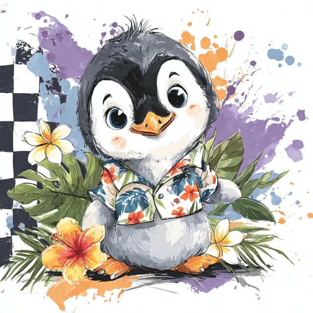 Baby Penguin in Hawaii Shirt Watercolor Art