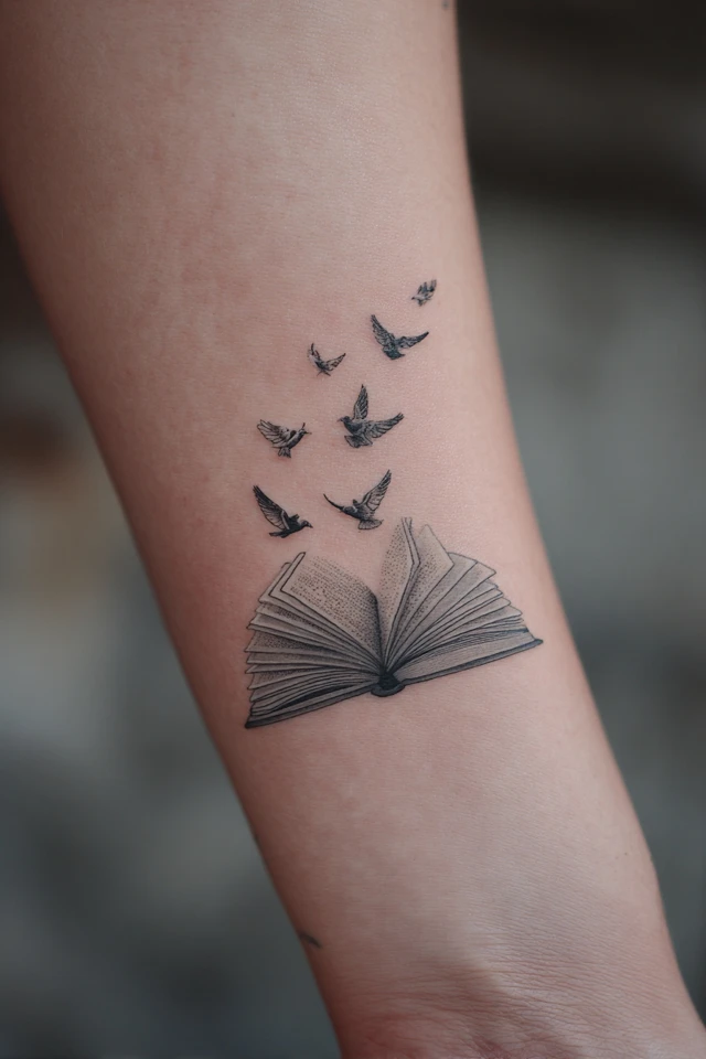 Book and Birds Tattoo Symbolizing Freedom and Knowledge