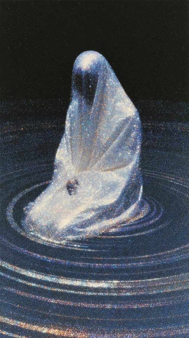Mysterious Figure in Stardust Veil on Water