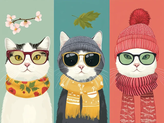 Seasonal Cats Spring Summer Autumn Winter Art