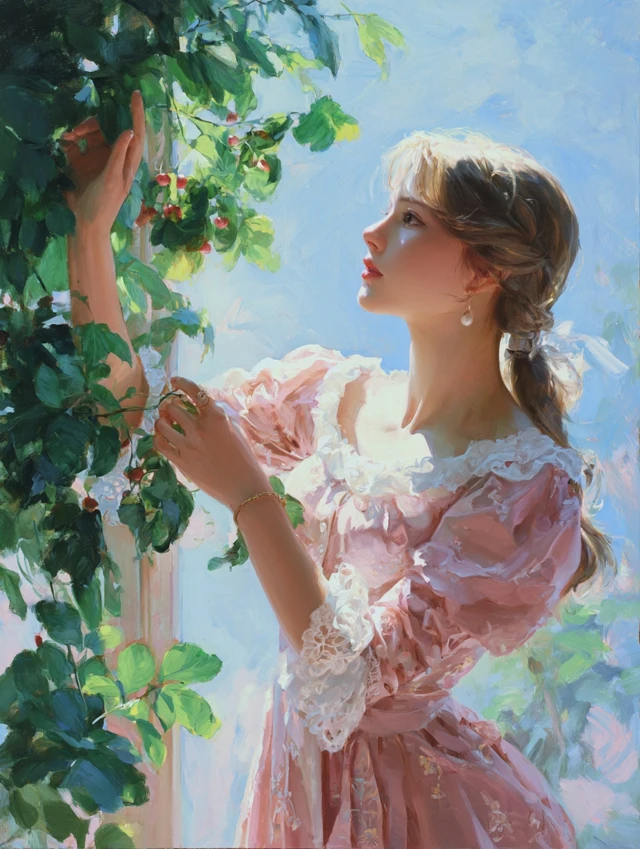 French Girl in Pink Dress Oil Painting