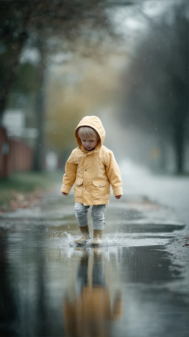 Child in Raincoat Playing in Puddle