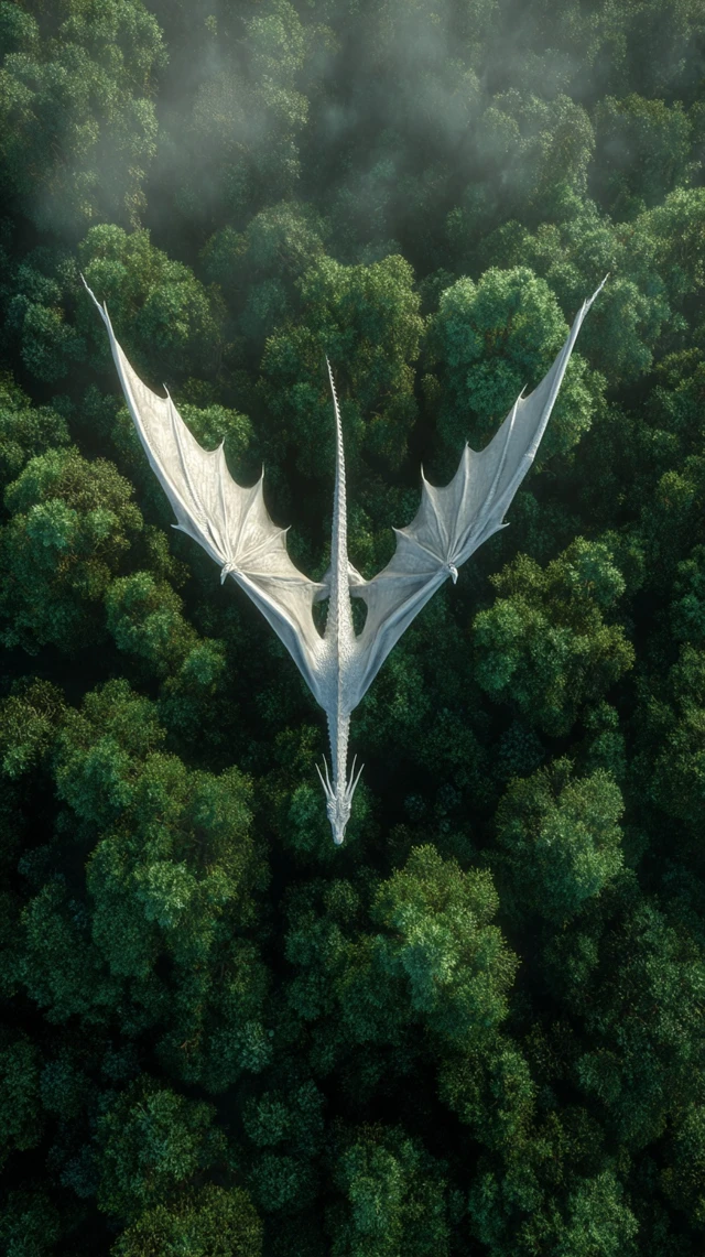 White Dragon Soaring Above Emerald Forest
