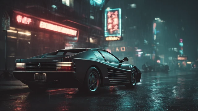 Retro Sports Car in 80s Futuristic City Neon Lights