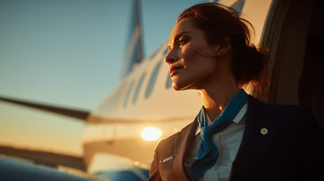 Beautiful Flight Attendant at Sunset Airplane Photo