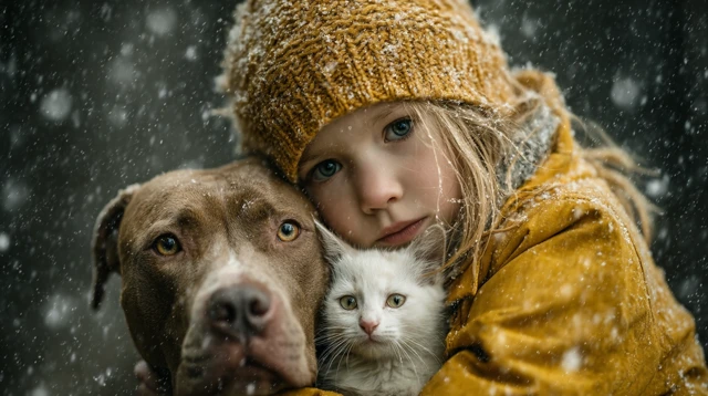 Girl Hugging Dog and Cat in Winter Scene