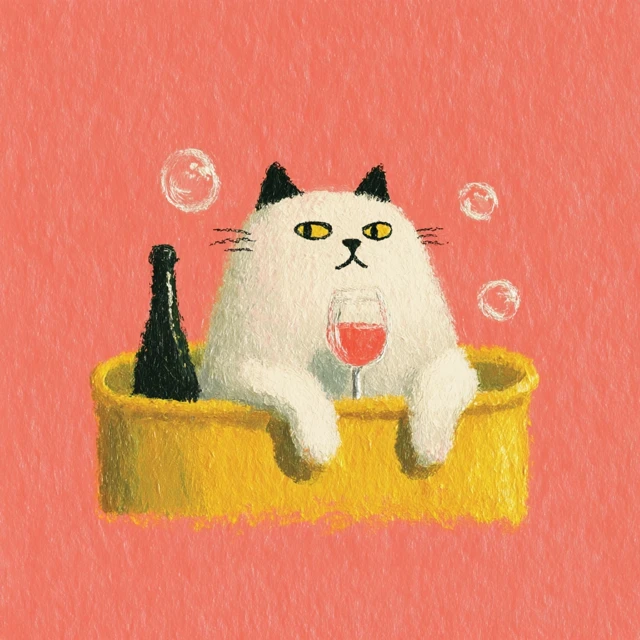 Fat Cat Drinking Wine in a Bathtub Surreal Illustration