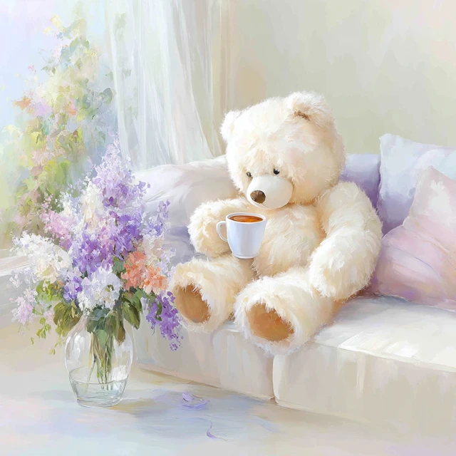 Teddy Bear with Coffee and Flowers Painting