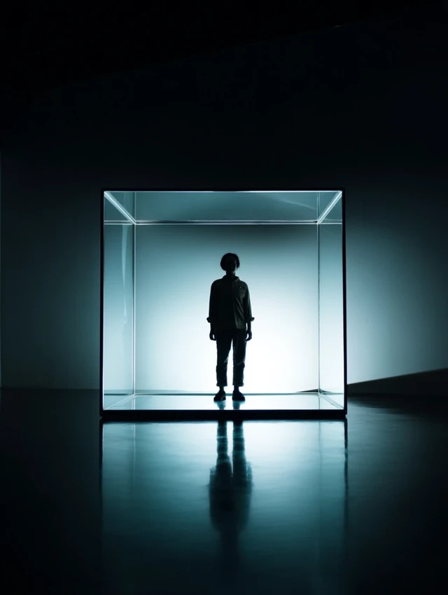 Futuristic Glass Cube Silhouette Art Installation