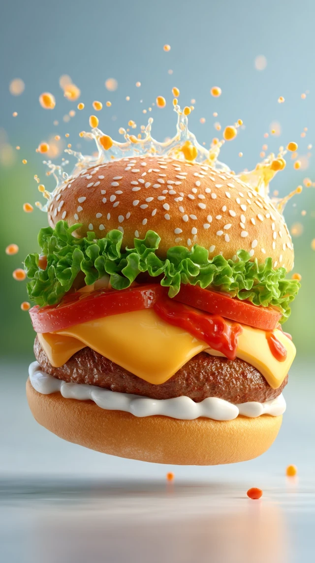 Delicious Burger Falling with Cheese and Tomato