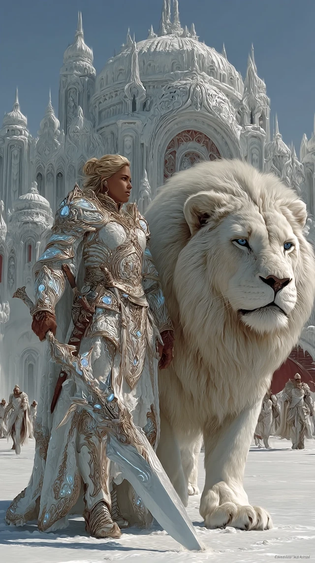 Frost Angel with Ice Armor and Lion in Frozen Palace