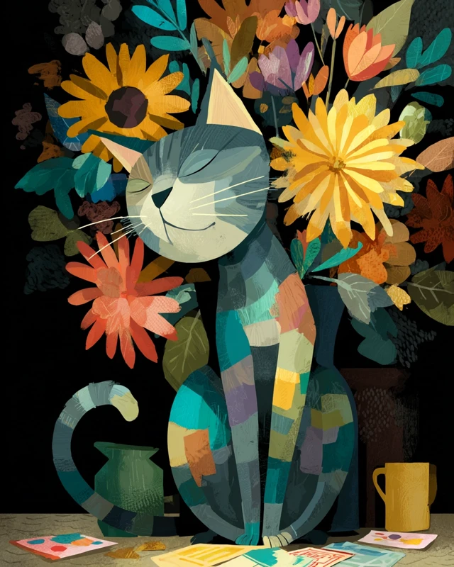 Abstract Cat Ikebana Japanese Flower Still Life