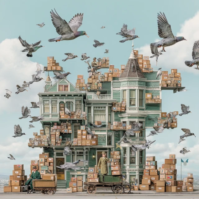 Wes Anderson Inspired Delivery Town with Pigeons