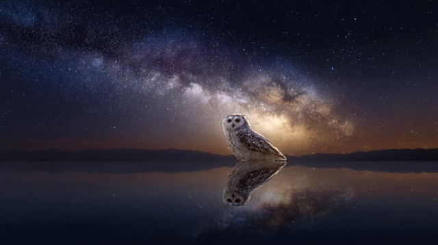 Owl Touching the Galaxy Waters