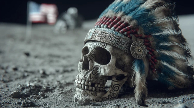 Skull on Moon Mayan Headdress American Flag