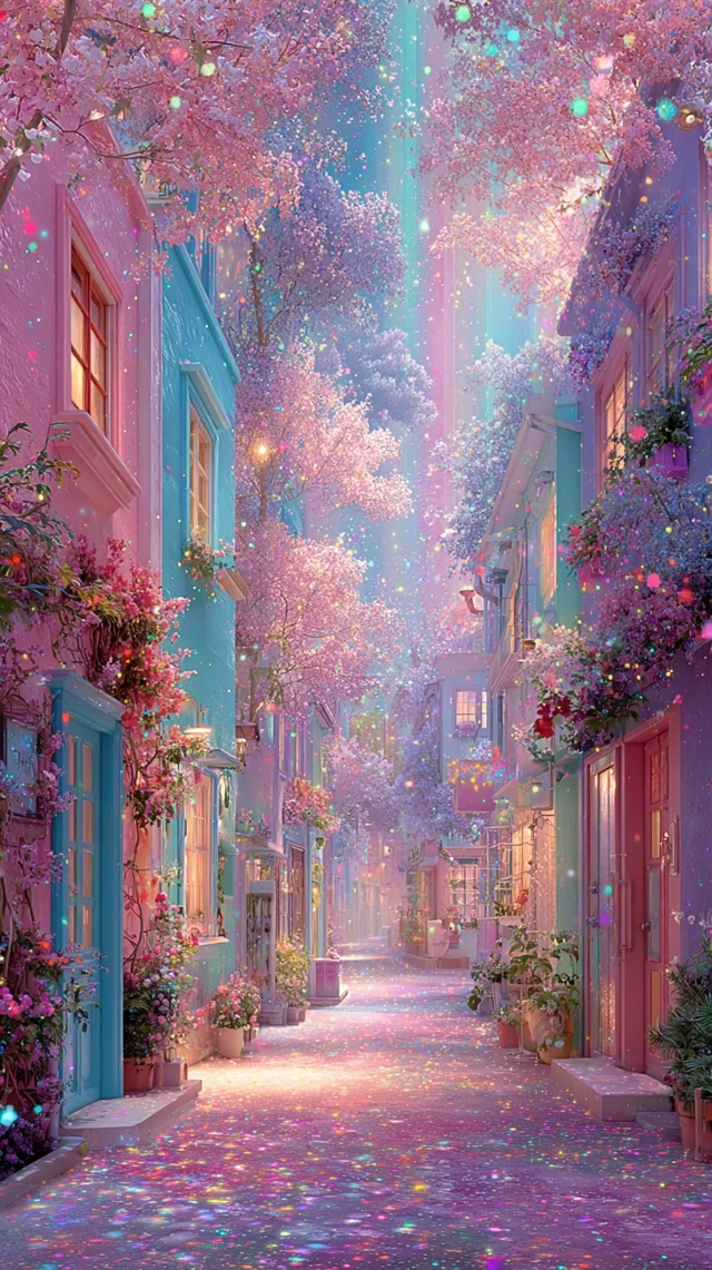 Dreamy Pastel Town Blooming With Flowers