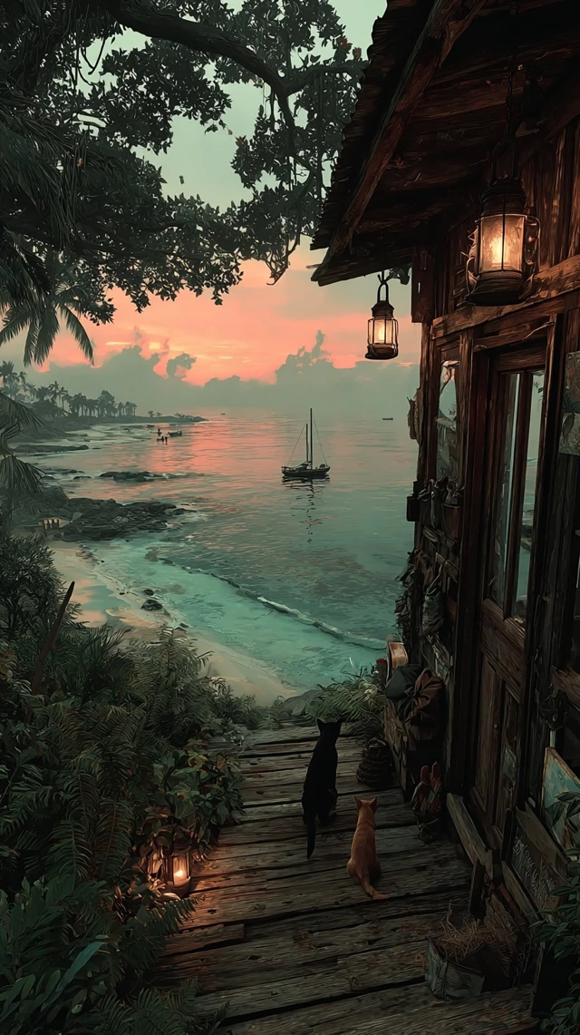 Rustic Cabin with Cat and Dog Sunrise Scene