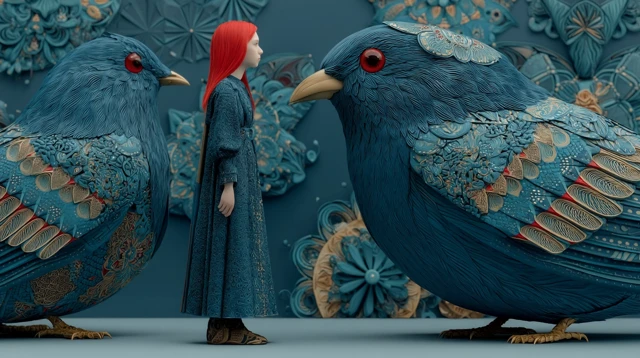 Red Haired Girl and Blue Magpies 3D Art