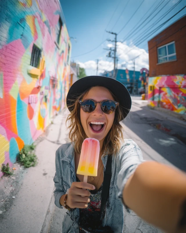 Woman with Popsicle Smiling in Front of Graffiti