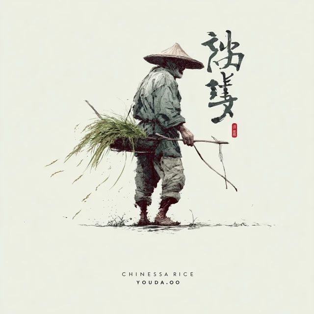 Chinese Rice Farmer Logo Minimalist Ink Painting