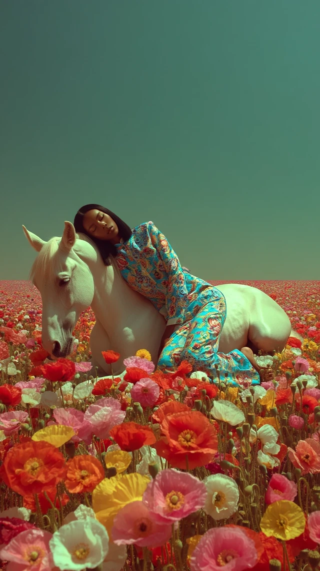 Surreal Dreamlike Photo of Woman and Horse in Poppy Field