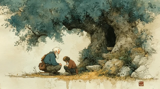 Elder Comforts Under Tree Watercolor Art