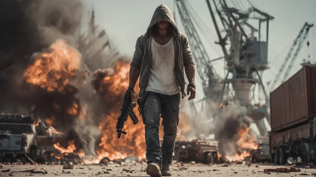 Action Hero on Fire Industrial Dock 8K Poster