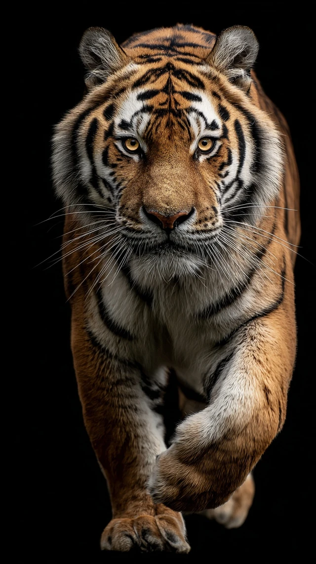Tiger Chasing Close Up Shot On Black Background
