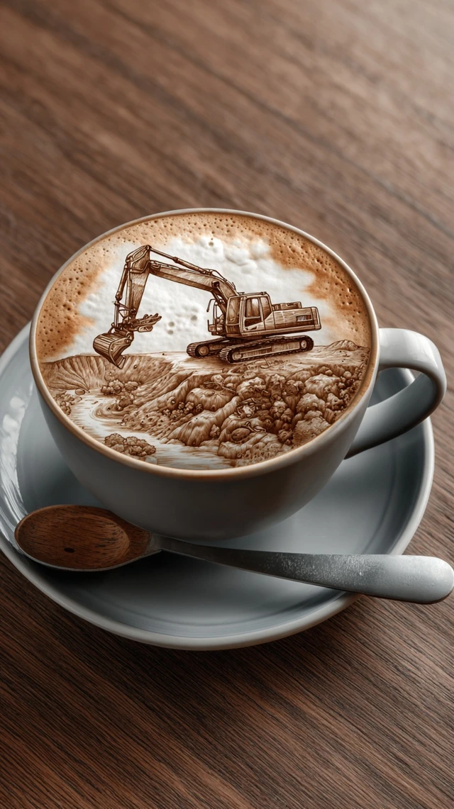 Latte Art Excavator Coffee Cup Design