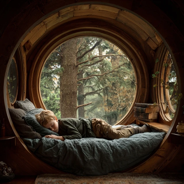 Boy Asleep in Cozy Room with Forest View