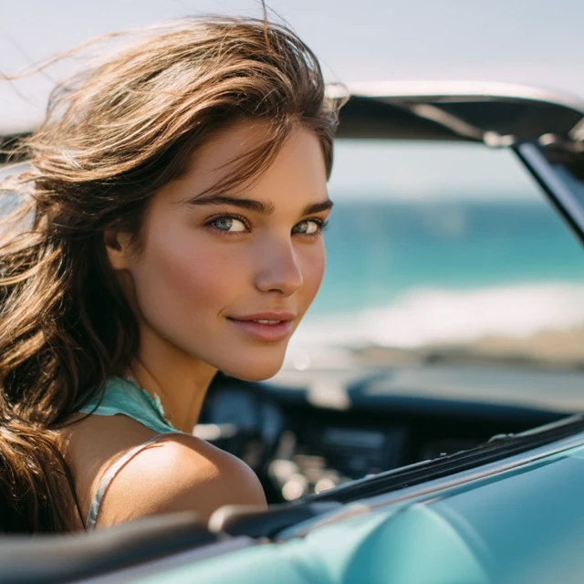 Beautiful Woman in Convertible Car Sunny Day