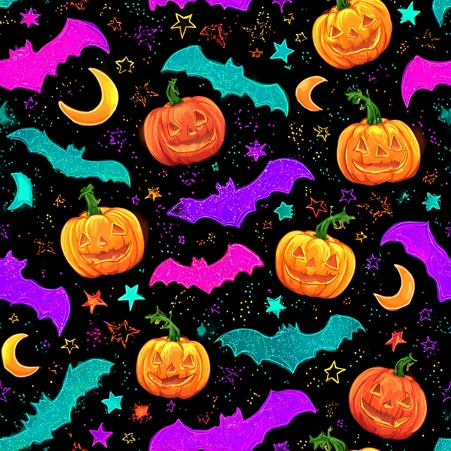 Halloween Bats and Pumpkins Neon Design