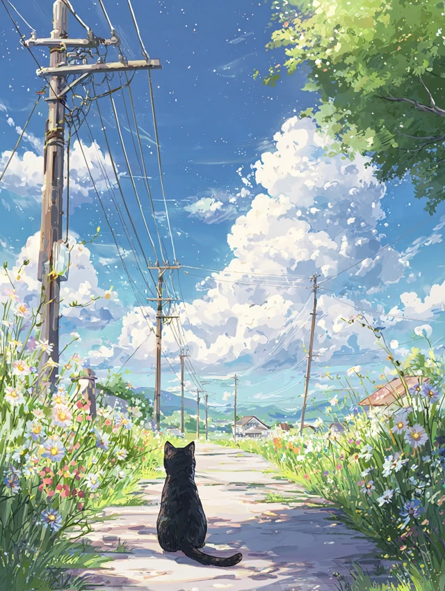 Cat Walking Summer Scene Flowers and Blue Sky