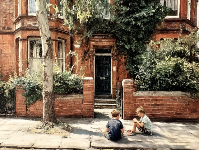 Oil Painting of UK House with Children Playing