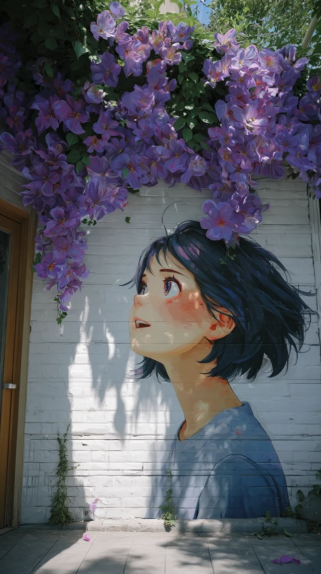 Anime Girl Mural with Flowers Wall Art