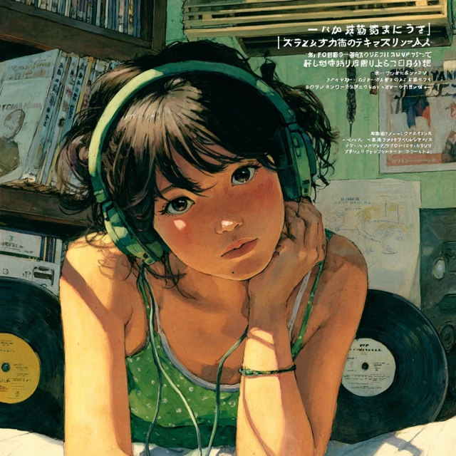 LoFi Japanese Girl Listening to Music Illustration