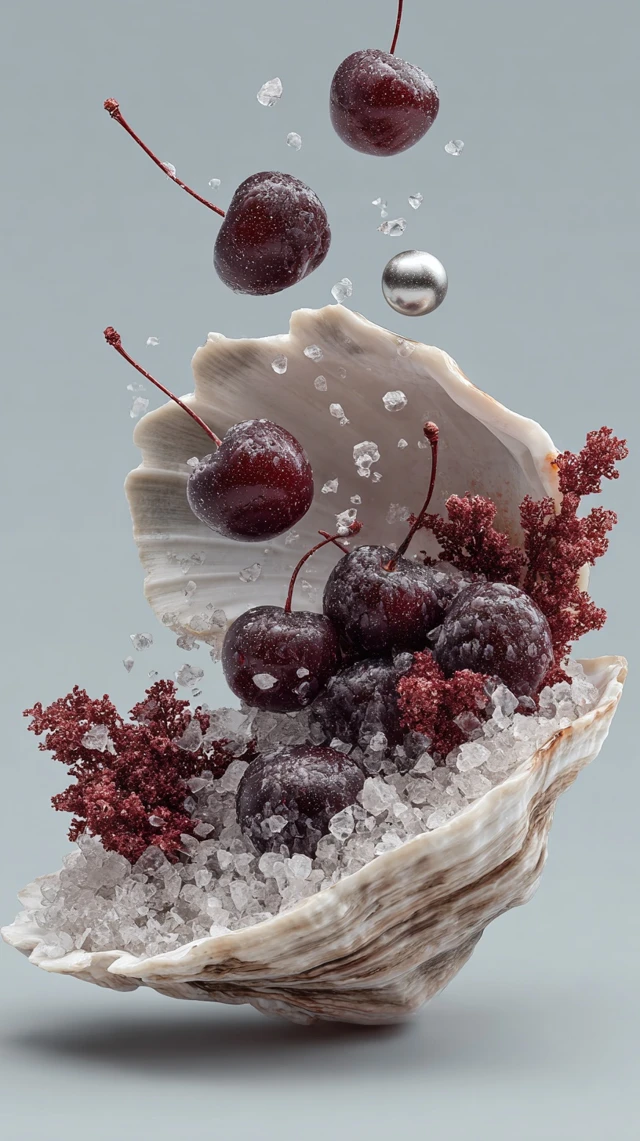 Surreal Shell with Cherries Salt Crystals and Pearl