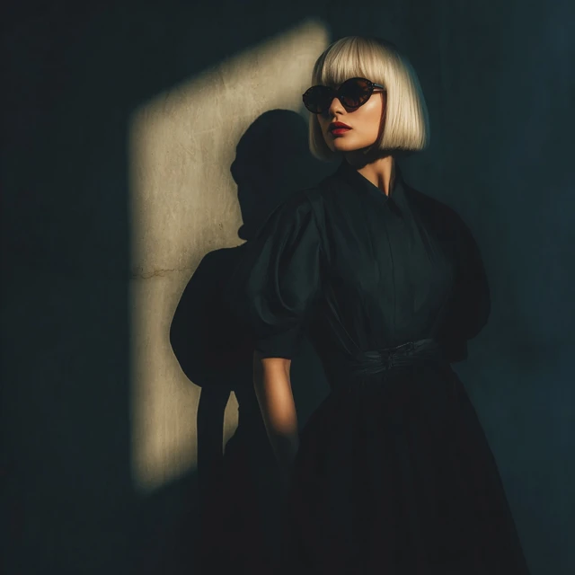 Woman in Cocktail Dress and Sunglasses in Shadow