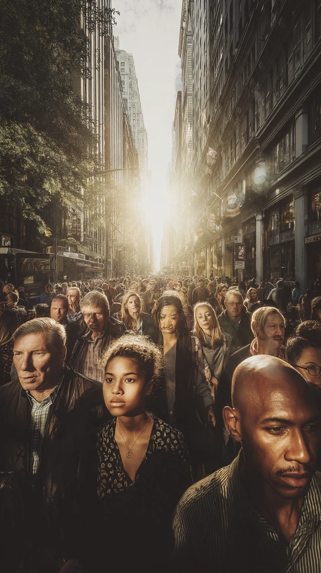 City Crowd: Multiethnic Faces, Dramatic Sunlight