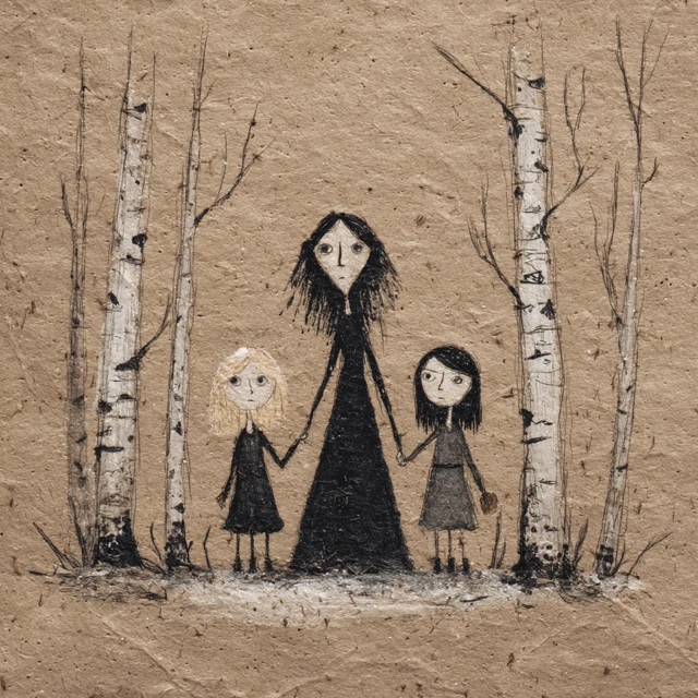 Creepy Fairy Tale Illustration Old Woman and Girls