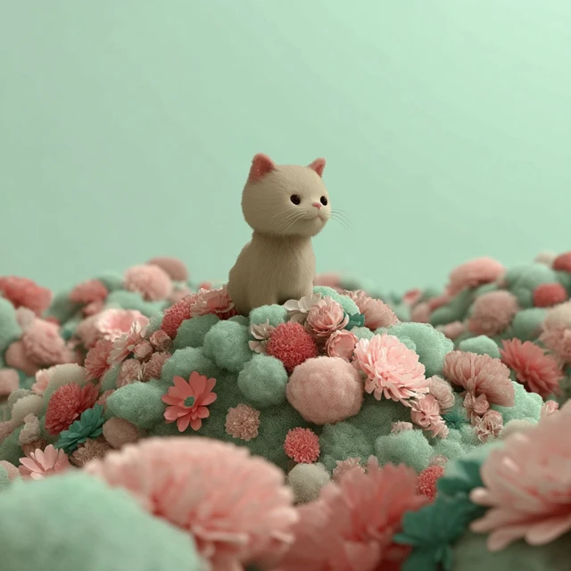 Kitten in a Flower Field 3D Illustration