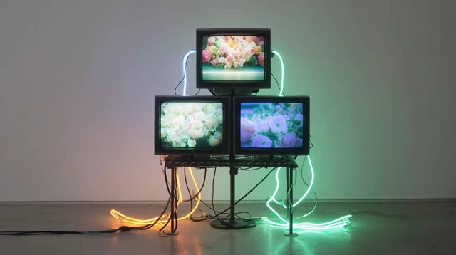 Retro TVs with Neon Lights Installation Art