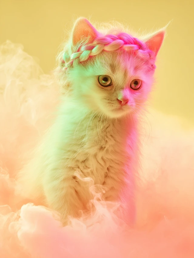 Cute Kitten with Braids Neon Lights