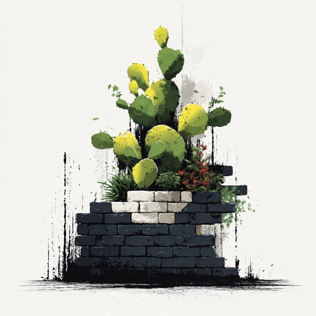 Cactus Illustration Broken Brick Wall