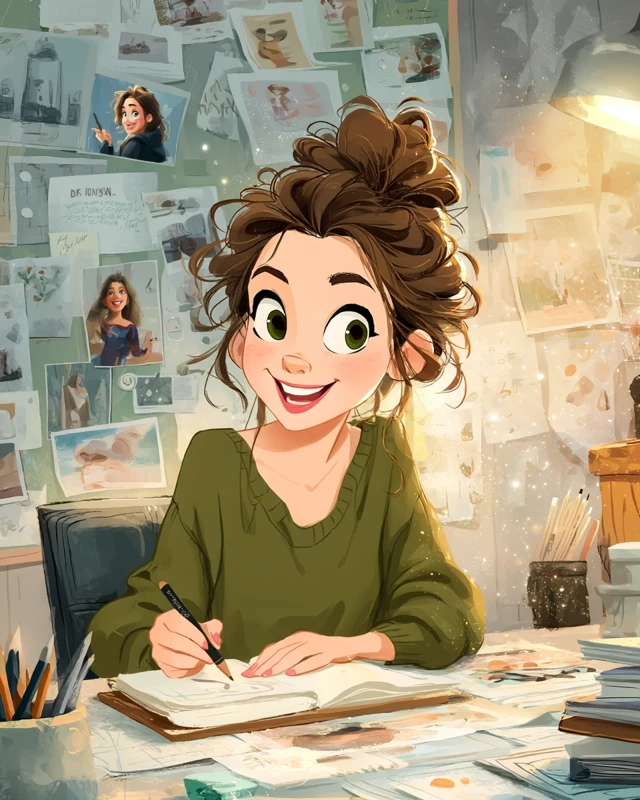 Cartoon Designer at Desk with Inspiration Board