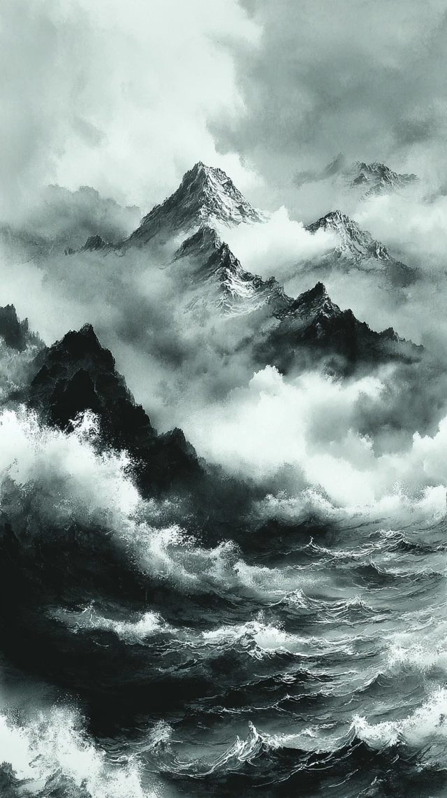Dramatic Seascape Ink Painting Mountains and Waves