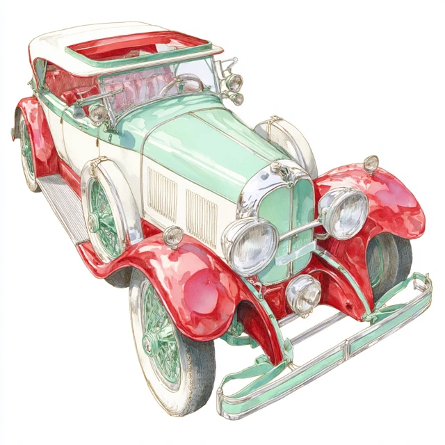 Retro Car Illustration Watercolor and Colored Pencil Art
