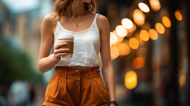 Fashionable Woman with Iced Coffee Summer Outfit
